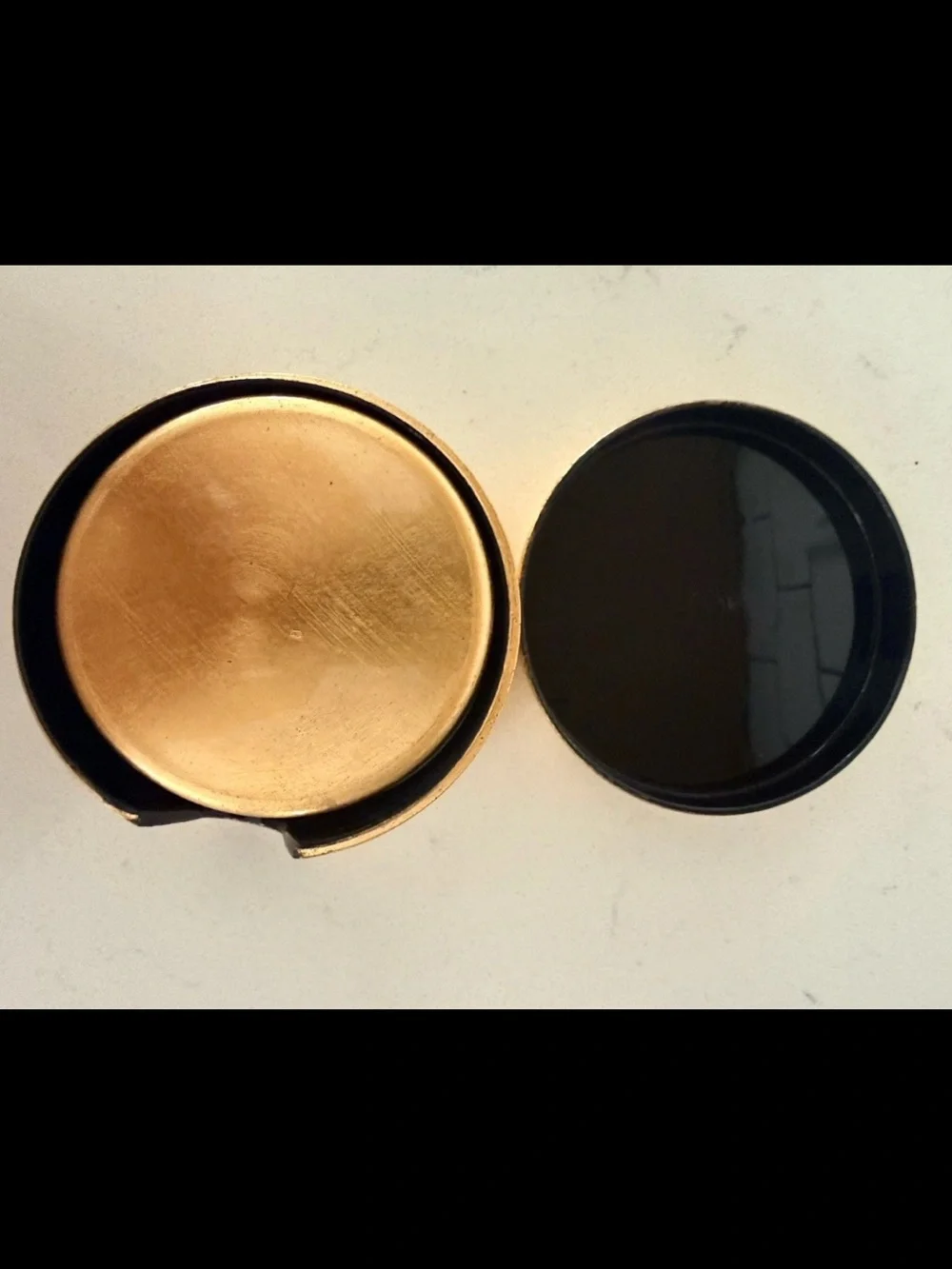 Pier 1 Imports VTG Lacquer Coaster Set 6 w/ Holder Gold Foil Discontinued